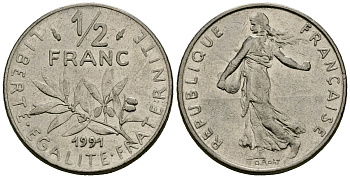 Франция 1/2 франка 1991 сеятель KM 931 никель 4135-741