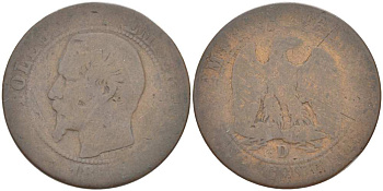 ФРАНЦИЯ 5 САНТИМОВ 1854 D, НАПОЛЕОН III (1852-1870) KM 777.4, LE FRANC 116.12 бронза 217-223