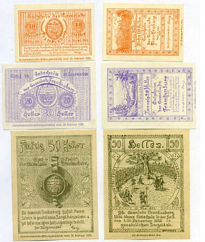 Австрия, Франкенбург набор из 3 банкнот 10, 20, 50 геллеров 1920 31 декабря 1920, нотгельд, коммуна в земле Верхняя Австрия   бумага  UNC (пресс) 7555-13-1-2