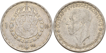 Швеция 1 крона 1946 TS, Густав V (1907-1950) KM 814 серебро 4148-1032