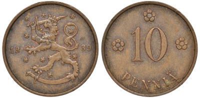 Финляндия 10 пенни 1939 KM 24 медь 51-3112