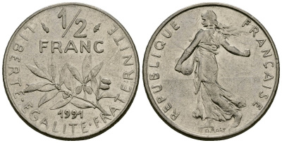 Франция 1/2 франка 1991 сеятель KM 931 никель 4135-741
