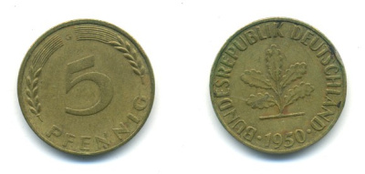 ФРГ 5 ПФЕННИГОВ 1950 G KM 107, J.382 сталь плакированная латунью 80-763