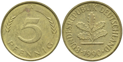 ФРГ 5 ПФЕННИГОВ 1990 A KM 107, J. 382 сталь плакированная латунью 4392-1046