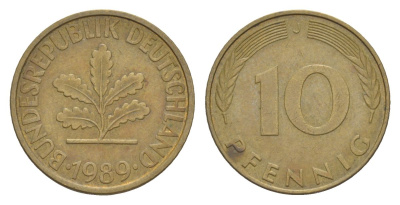 ФРГ 10 пфеннигов 1989 J KM 108, J. 383 сталь плакированная латунью 4627-123