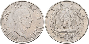 ИТАЛИЯ 2 ЛИРЫ 1940 R, ГОД XVIII, ВИКТОР ЭММАНУИЛ III (1900-1946) KM 78а, VEM3. 1155 a) нержавеющая сталь 3855-321