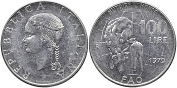 Италия 100 лир 1979 R, FAO, корова с теленком KM 106 нержавеющая сталь 4165-116