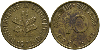 ФРГ 10 ПФЕННИГОВ 1972 D KM 108, J.383 сталь плакированная латунью 33-127
