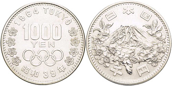Япония 1000 йен 1964 год 39 император Хирохито (1926-1989), XVIII летние Олимпийские игры в Токио, 1964 года, Фудзияма KM 80 серебро 1080-3-63