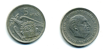 Испания 5 песет 1957 (71) Франсиско Франко (1939-1975) KM 786 медно-никель 53-1154