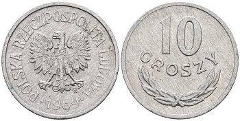 Польша 10 грошей 1969 MW KM АА47, Parchimowicz 206h алюминий 4564-1052
