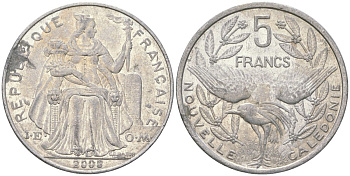 Французская Новая Каледония 5 франков 2008 птица кагу, (IEOM) KM 16, Schoen 12, Lec 81k алюминий 215-1035