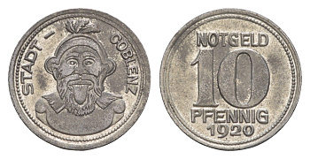 Кобленц 10 пфеннигов 1920 Funck 80.3, Men05 4526.8, Men18 5727.8 железо 4643-1042