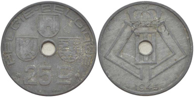 Бельгия 25 сантимов 1945 Belgie-Belgique, Леопольд III (1934-1947), германская оккупация KM 132 цинк 3460-622