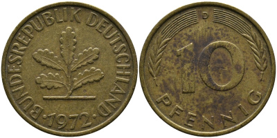 ФРГ 10 ПФЕННИГОВ 1972 D KM 108, J.383 сталь плакированная латунью 33-127