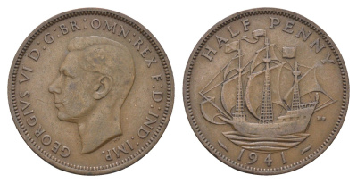 Великобритания 1/2 пенни 1941 Георг VI (1936-1952) KM 844, Spink 4115 бронза 4662-1051
