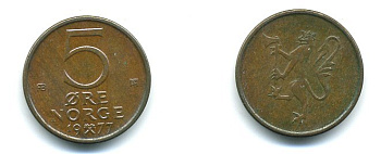 Норвегия 5 эре 1977 Улаф V (1958-1991) KM 415 бронза 59-1841