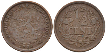 НИДЕРЛАНДЫ 1/2 ЦЕНТА 1934 ВИЛЬГЕЛЬМИНА (1890-1948) KM 138 бронза 39-225