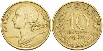 ФРАНЦИЯ 10 САНТИМОВ 1968 ТИП MARIANNE KM 929, LE FRANC 144.8 алюминиевая бронза 112-557