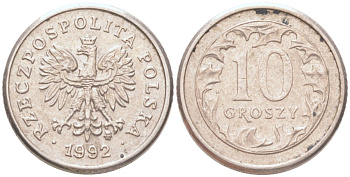 Польша 10 грошей 1992 Y 279 медно-никель UNC 4614-633