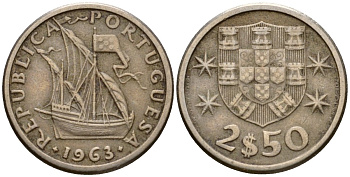 Португалия 2,5 эскудо 1963 парусник KM 590 медно-никель 4602-315