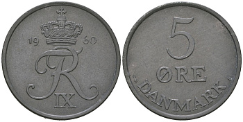 Дания 5 эре 1960 C; S, Фредерик IX (1947-1972) KM 843 цинк aUNC 4536-346