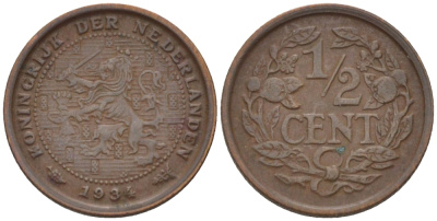 НИДЕРЛАНДЫ 1/2 ЦЕНТА 1934 ВИЛЬГЕЛЬМИНА (1890-1948) KM 138 бронза 39-225