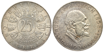 Австрия 25 шиллингов 1958 100 лет со дня рождения Карла Вельсбаха KM 2884 серебро aUNC 413-6831