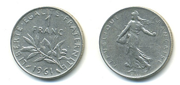 ФРАНЦИЯ 1 ФРАНК 1961 СЕЯТЕЛЬ KM 925.1 никель 57-115