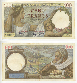 ФРАНЦИЯ 100 ФРАНКОВ 1941 4 ДЕКАБРЯ 1941 Pick 94 бумага 7552-13-2