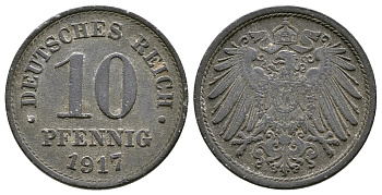 ГЕРМАНИЯ 10 ПФЕННИГОВ 1917 KM 26, J. 299 цинк 4380-214