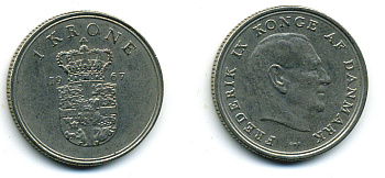 ДАНИЯ 1 КРОНА 1967 C; S, ФРЕДЕРИК IX (1947-1972) KM 851.1 медно-никель 56-447