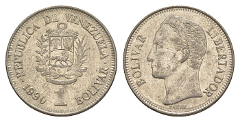 Венесуэла 1 боливар 1990 Симон Боливар, толстый шрифт Y 52a.2 сталь плакированная никелем 4591-432
