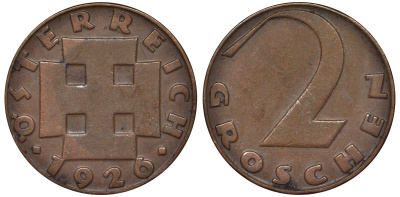 Австрия 2 гроша 1926 KM 2837 бронза 4164-325