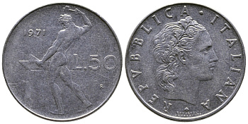 Италия 50 лир 1971 R, бог огня Вулкан у наковальни KM 95.1 нержавеющая сталь 85-157