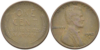 США 1 ЦЕНТ 1952 D, ЛИНКОЛЬН KM А132 медь цинк 218-622
