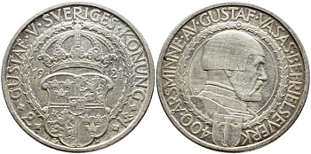 Швеция 2 кроны 1921 W, Густав V (1907-1950), 400 лет политических свобод KM 799 серебро 1530-1125