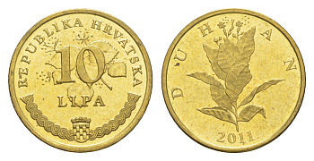 Хорватия 10 лип 2011 табак обыкновенный, нечетный год KM 6 сталь плакированная латунью UNC 3309-646