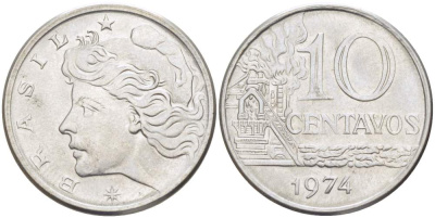 БРАЗИЛИЯ 10 СЕНТАВО 1974 KM 578.1а нержавеющая сталь 4529-356