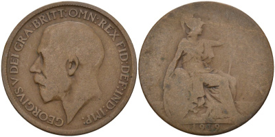 Великобритания 1/2 пенни 1919 Георг V (1910-1936) KM 809, Spink 4056 бронза 4143-656