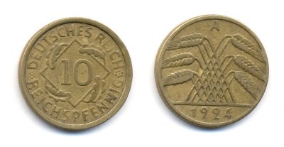 ГЕРМАНИЯ 10 РЕЙХСПФЕННИГОВ 1924 A, KM 40, J. 317 алюминиевая бронза 35-512