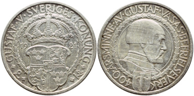 Швеция 2 кроны 1921 W, Густав V (1907-1950), 400 лет политических свобод KM 799 серебро 1530-1125