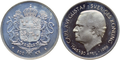 Швеция 200 крон 1996 Карл XVI Густав (1973- ), 50 лет королю Карлу XVI Густаву KM 888 серебро BUNC 1072-5-53