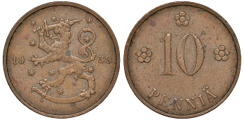 Финляндия 10 пенни 1939 KM 24 медь 51-3127
