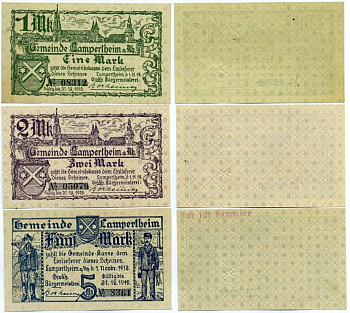 ЛАМПЕРТХАЙМ-НА-РЕЙНЕ, ГЕРМАНИЯ НАБОР ИЗ 3 БАНКНОТ 1918-1919 1 НОЯБРЯ 1918 - 31 ДЕКАБРЯ 1919, НОТГЕЛЬД, ЗЕМЛЯ ГЕССЕН (1, 2, 5 МАРОК) Geiger 304.01, 304.02, 304.03 бумага UNC (ПРЕСС) 8613-36-2