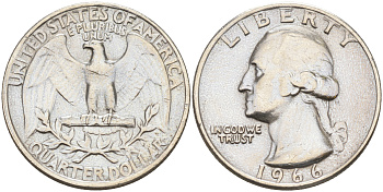 США 25 центов (квотер) 1966 Вашингтон KM 164a медь плакированная медно-никелем 190-312