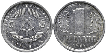 ГДР 1 ПФЕННИГ 1989 А KM 8.2 алюминий 96-1134