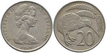 Новая Зеландия 20 центов 1969 Елизавета II (1952-2022), птичка киви KM 36.1 медно-никель 81-615