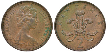 Великобритания 2 пенса 1971 Елизавета II (1952-2022) KM 916, Spink 4235 (C1) бронза 72-234