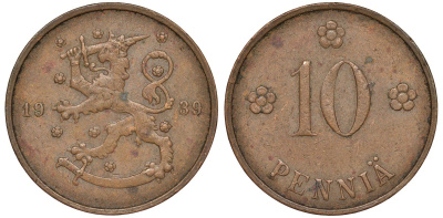 Финляндия 10 пенни 1939 KM 24 медь 51-3127